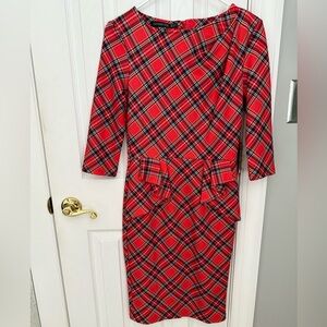 Red Plaid Women's Dress 3/4 sleeve